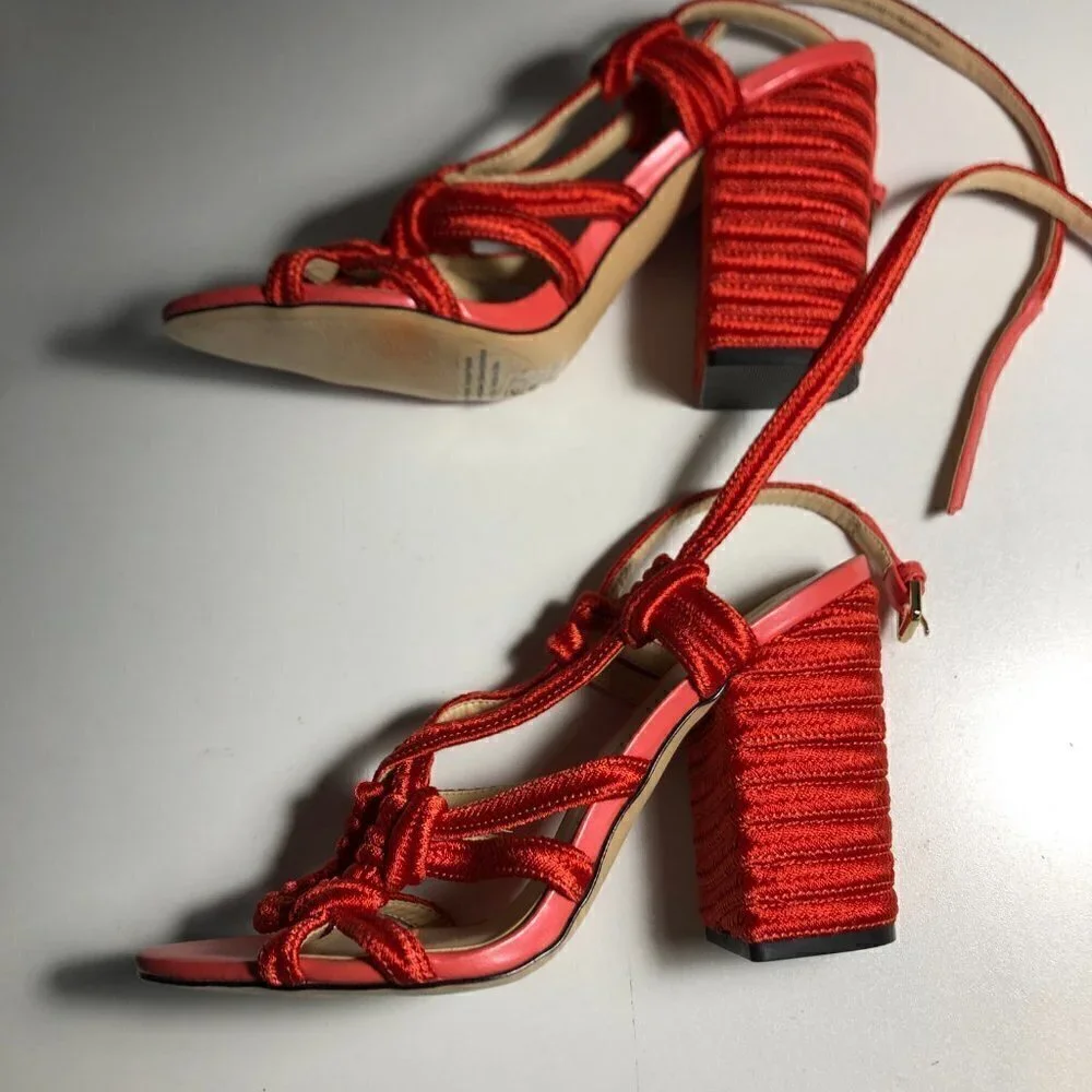 Cabi Tiptoe Knotted Rope Strappy Heeled Sandals Hibiscus Red Size 9M